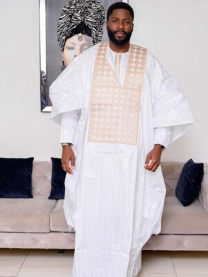 Senegalese men outfit bazin custom made white boubou with detailed chest embroidery