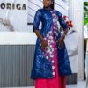 Senegalese wedding bazin outfit in navy and pink Getzner fabric with embroidery