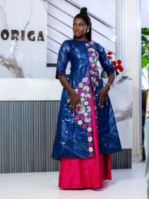 Senegalese wedding bazin outfit in navy and pink Getzner fabric with embroidery