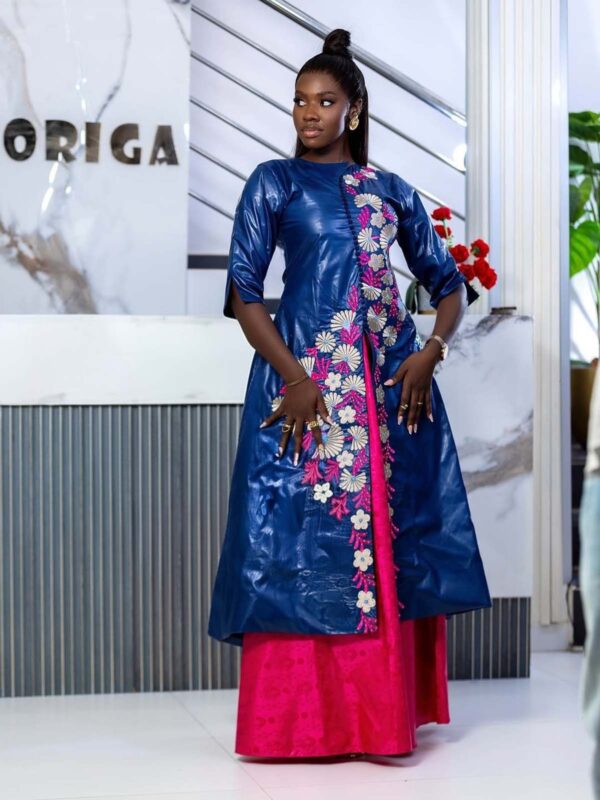 Senegalese wedding bazin outfit in navy and pink Getzner fabric with embroidery