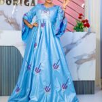 African Party Dress Bazin in Sky Blue with Modern Embroidery