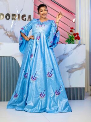 Sky Blue Bazin Dress 3 African Party Dress Bazin in Sky Blue with Modern Embroidery