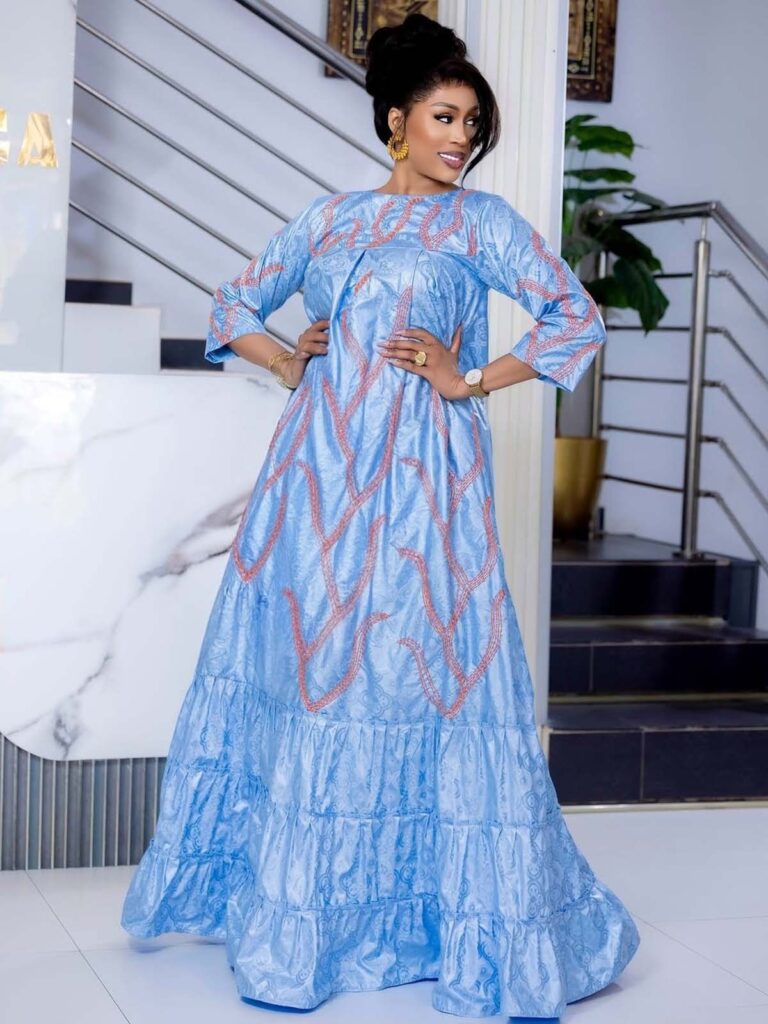 Blue dress showing accessories for Bazin Dresses