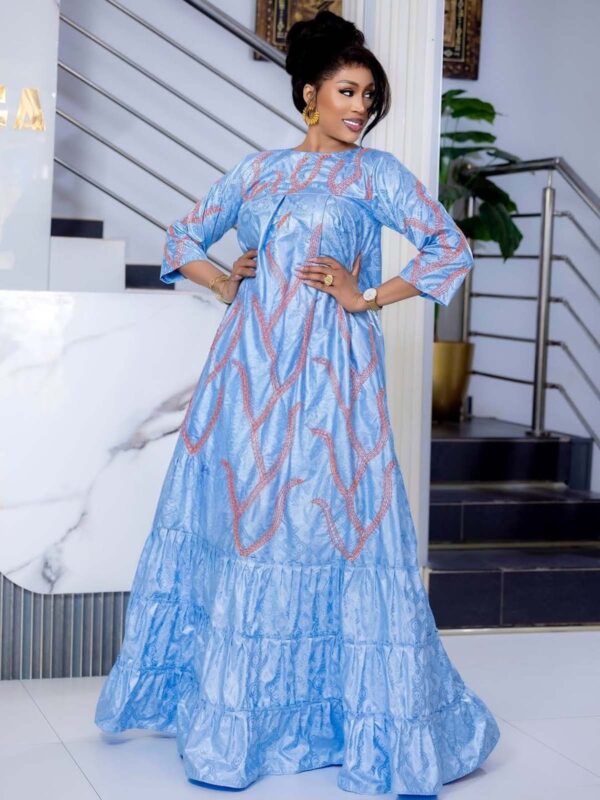 Sky Blue Bazin Maxi Dress 2 Bazin maxi dress custom-made with flowing tiered hem design