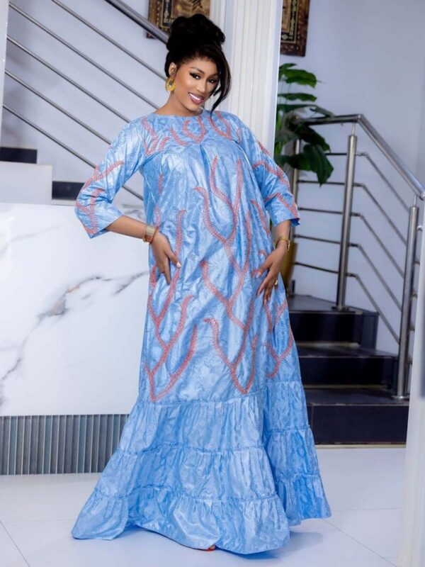 Sky Blue Bazin Maxi Dress 3 Bazin maxi dress custom-made with flowing tiered hem design