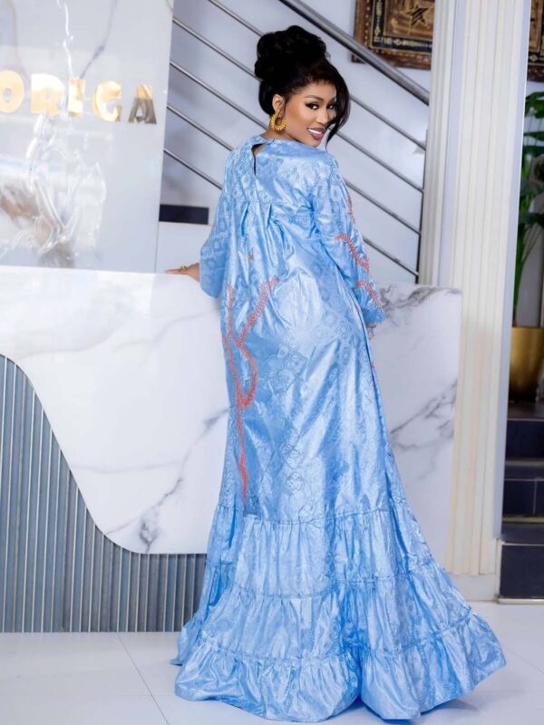 Sky Blue Bazin Maxi Dress 4 Bazin maxi dress custom-made with flowing tiered hem design