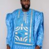 Traditional African men outfit blue bazin set with detailed embroidered chest panel