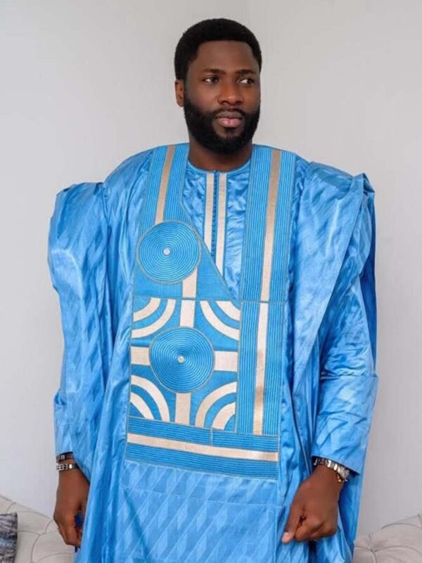 Traditional African men outfit blue bazin set with detailed embroidered chest panel