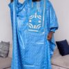 Traditional African men outfit blue bazin set with detailed embroidered chest panel