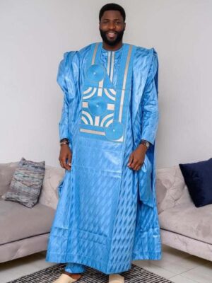 Traditional African men outfit in sky blue Getzner bazin with embroidered boubou set