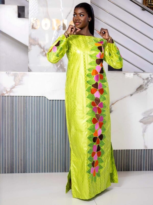 Trending Bazin Styles 2026 – Lime Green Floral Embroidered Getzner Boubou for Women