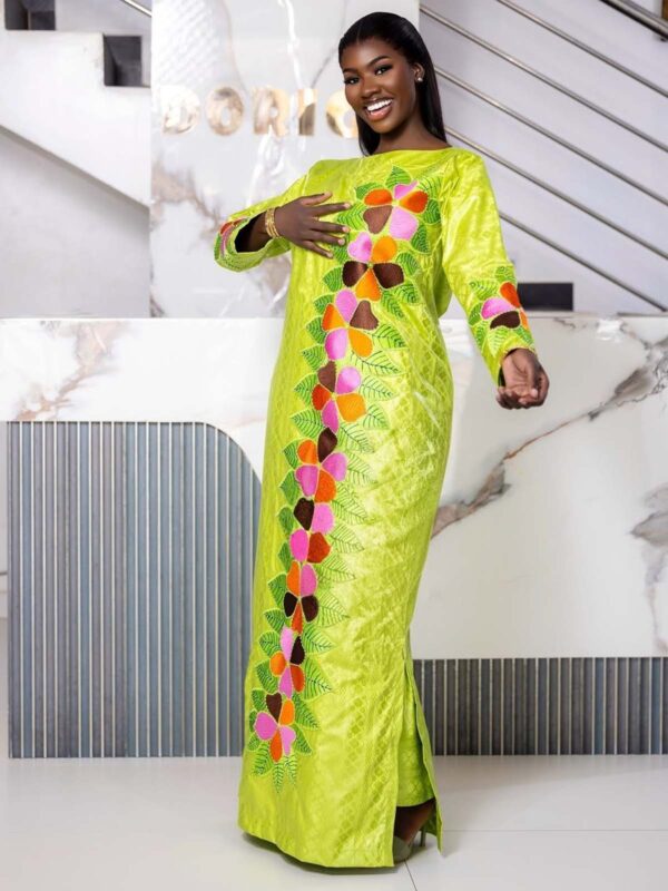 Trending Bazin Styles 2026 – Lime Green Floral Embroidered Getzner Boubou for Women