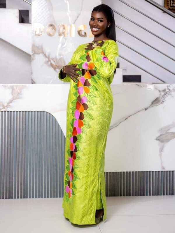 Trending Bazin Styles 2026 – Lime Green Floral Embroidered Getzner Boubou for Women