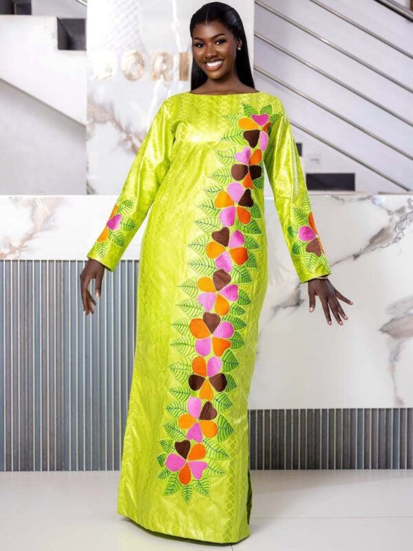 Trending Bazin Styles 2026 – Long Sleeve Lime Green Getzner Gown with Bold Side Embroidery