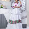 Bazin Two Piece Set – White Peplum Top and Skirt with Colorful Embroidery