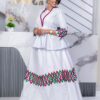 Bazin Two Piece Set – White Peplum Top and Skirt with Colorful Embroidery