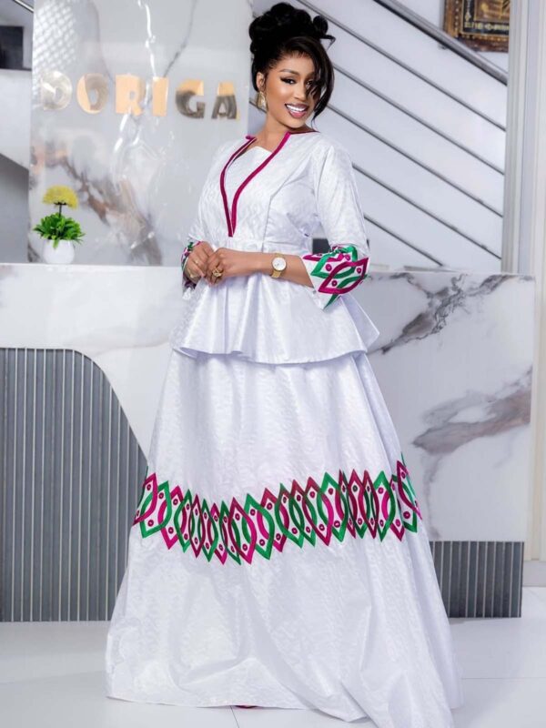 Bazin Two Piece Set – White Peplum Top and Skirt with Colorful Embroidery