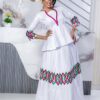 Bazin Two Piece Set – White Peplum Top and Skirt with Colorful Embroidery