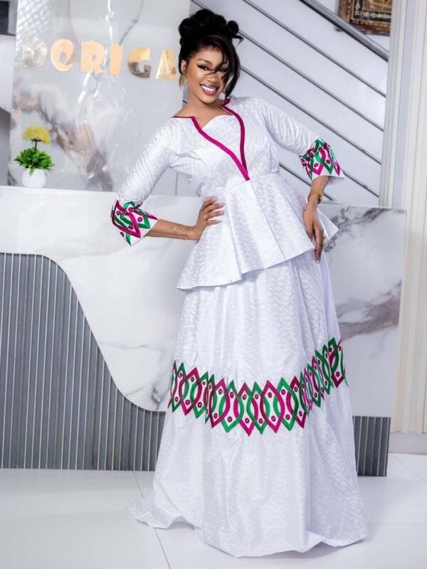 Bazin Two Piece Set – White Peplum Top and Skirt with Colorful Embroidery