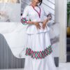 Bazin Two Piece Set – White Peplum Top and Skirt with Colorful Embroidery