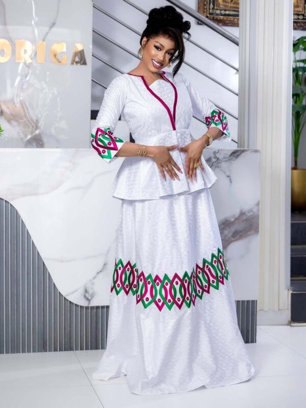 Bazin Two Piece Set – White Peplum Top and Skirt with Colorful Embroidery