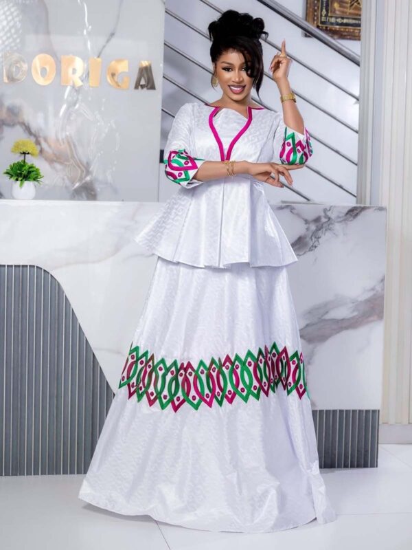 Bazin Two Piece Set – White Peplum Top and Skirt with Colorful Embroidery