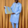 Bazin Riche Men Outfit – Premium Blue Boubou with Traditional Embroidery