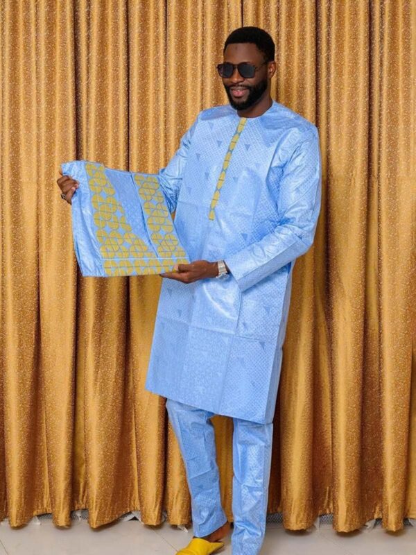Bazin Riche Men Outfit – Premium Blue Boubou with Traditional Embroidery