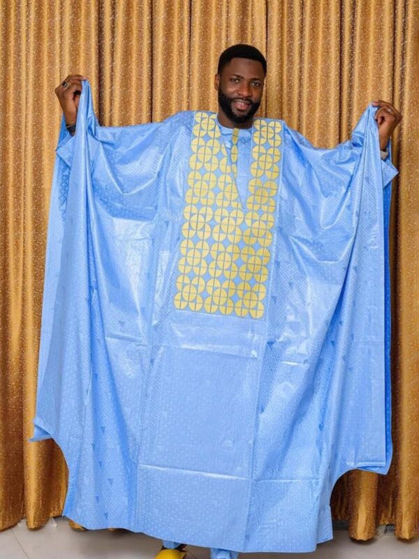 Bazin Riche Men Outfit in Sky Blue with Gold Embroidered Panel