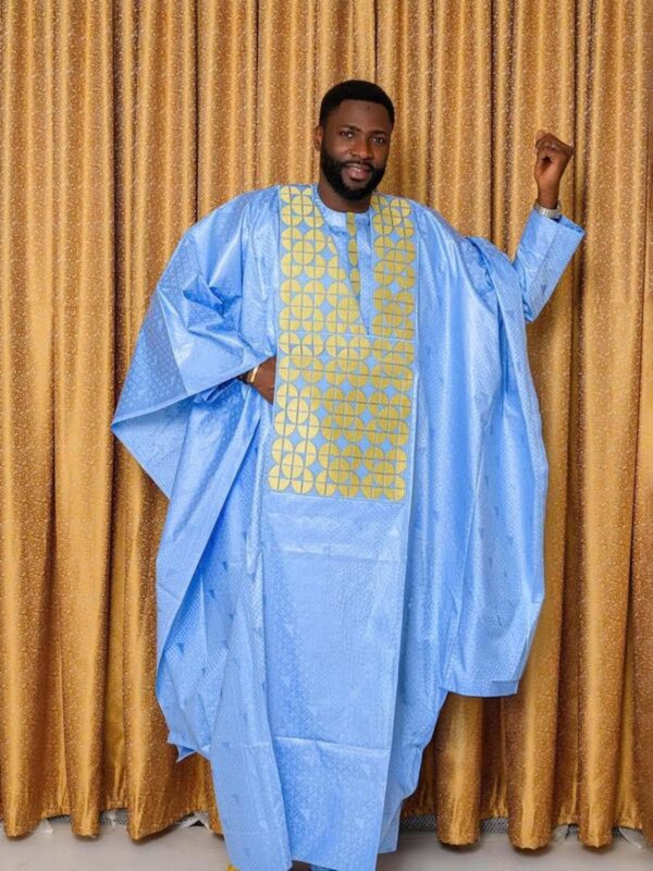 Bazin Riche Men Outfit – Premium Blue Boubou with Traditional Embroidery