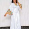 African Bazin Birthday Outfit in White Getzner Fabric with Embroidered Sleeves