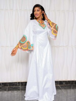 African Bazin Birthday Outfit in White Getzner Fabric with Embroidered Sleeves