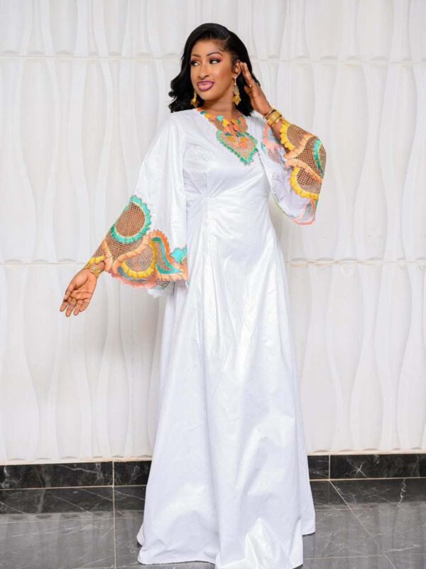 African Bazin Birthday Outfit in White Getzner Fabric with Embroidered Sleeves