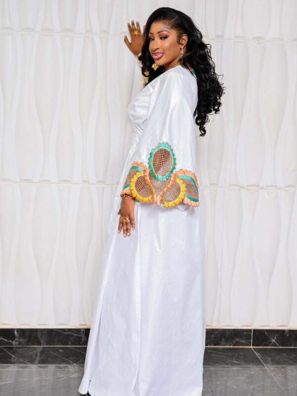 African Bazin Birthday Outfit with Colorful Embroidered Details and Flare Sleeves