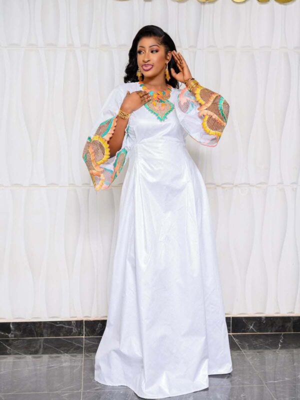African Bazin Birthday Outfit with Colorful Embroidered Details and Flare Sleeves