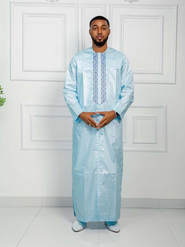 West African Men Clothing in Sky Blue with Embroidered Neck Detail