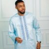 West African Men Clothing in Sky Blue with Embroidered Neck Detail