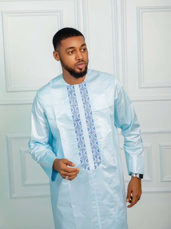 West African Men Clothing in Sky Blue with Embroidered Neck Detail