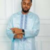 West African Men Clothing in Sky Blue with Embroidered Neck Detail