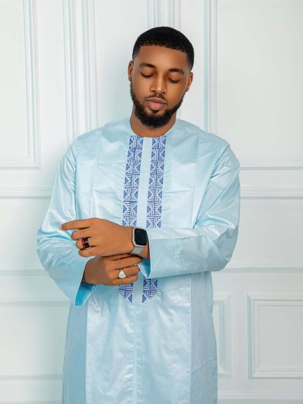 West African Men Clothing in Sky Blue with Embroidered Neck Detail