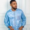 Men Bazin 2 Piece Set in Sky Blue with Embroidered Detail