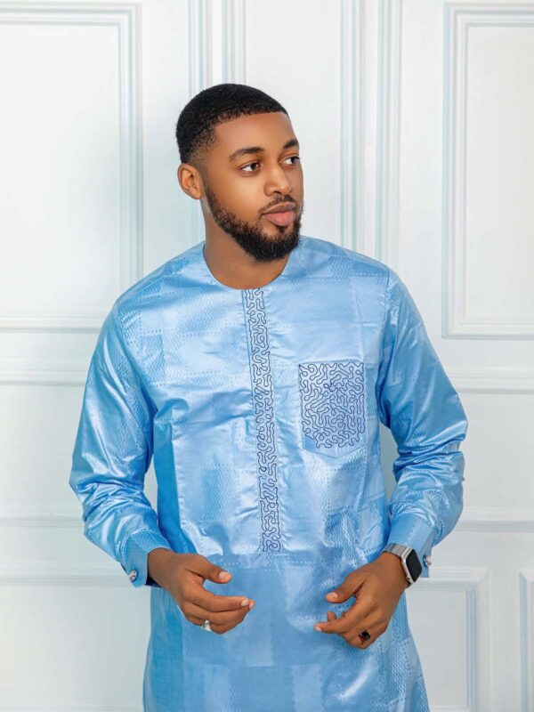 Men Bazin 2 Piece Set in Sky Blue with Embroidered Detail