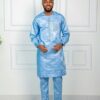 Men Bazin 2 Piece Set in Sky Blue with Embroidered Detail