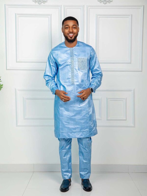 Men Bazin 2 Piece Set in Sky Blue with Embroidered Detail