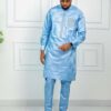 Men Bazin 2 Piece Set in Sky Blue with Embroidered Detail