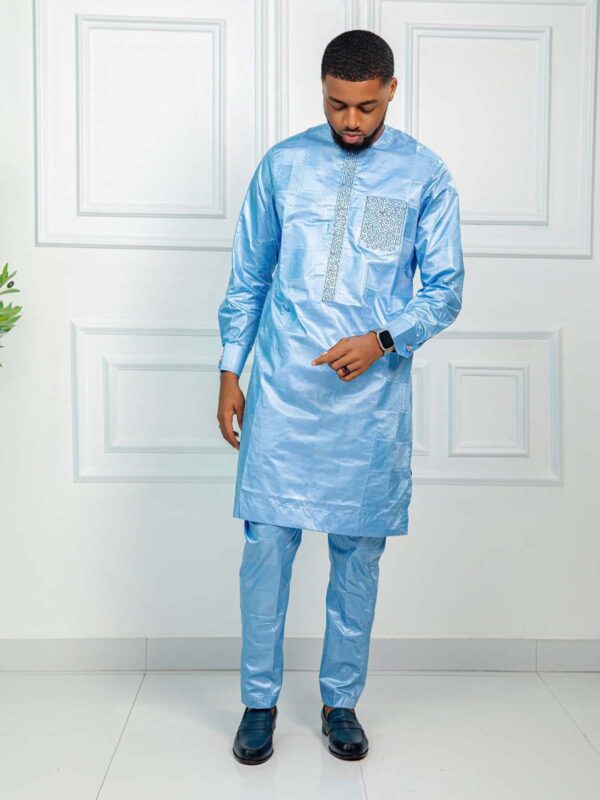 Men Bazin 2 Piece Set in Sky Blue with Embroidered Detail