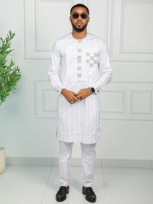 African Kaftan Set Men in White Bazin Riche Fabric