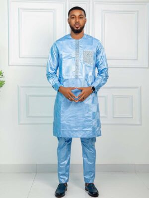 Men Bazin 2 Piece Set – Traditional African Kaftan and Trouser Outfit