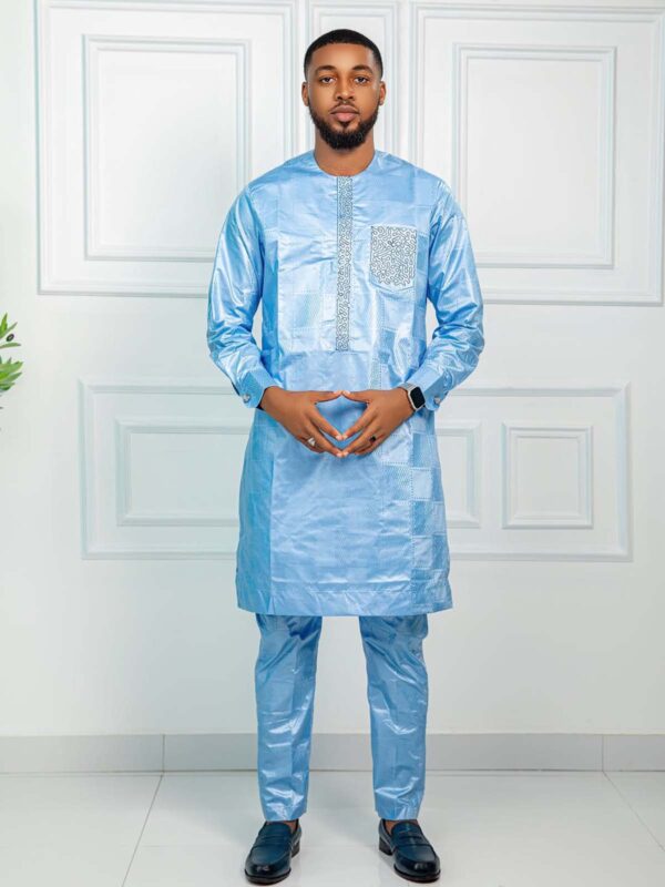 Men Bazin 2 Piece Set – Traditional African Kaftan and Trouser Outfit