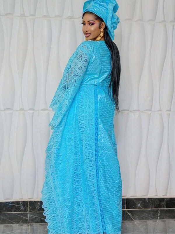 Tabaski Outfit for Women in Sky Blue Bazin Riche with Embroidered Details